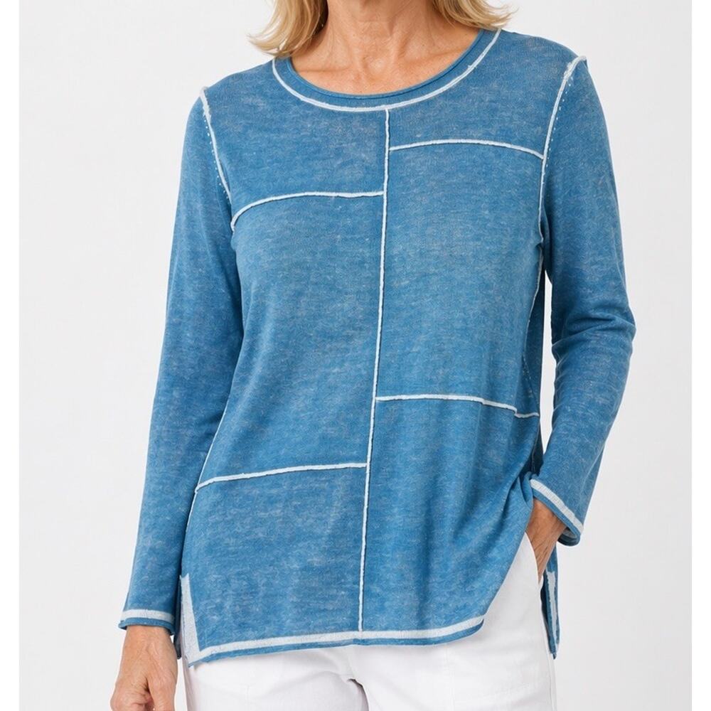 Habitat Top Small Blue Patchwork Cotton Knit Rolled Neck Artsy Lagenlook